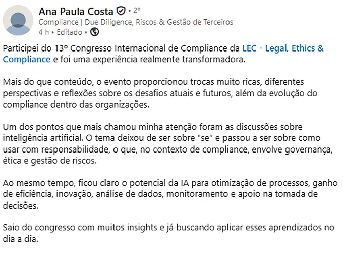 Depoimento de participante da 13ª edição