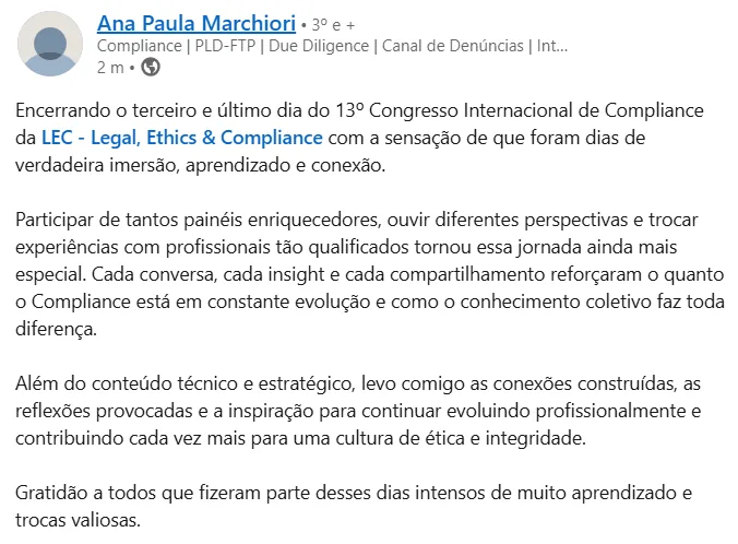 Depoimento de participante da 13ª edição